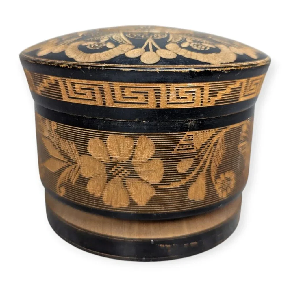Vintage Round Wooden Carved Trinket Box w/ Lid Says Mexico